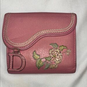 Dior Saddle Wallet Pink Leather Floral Embroidered